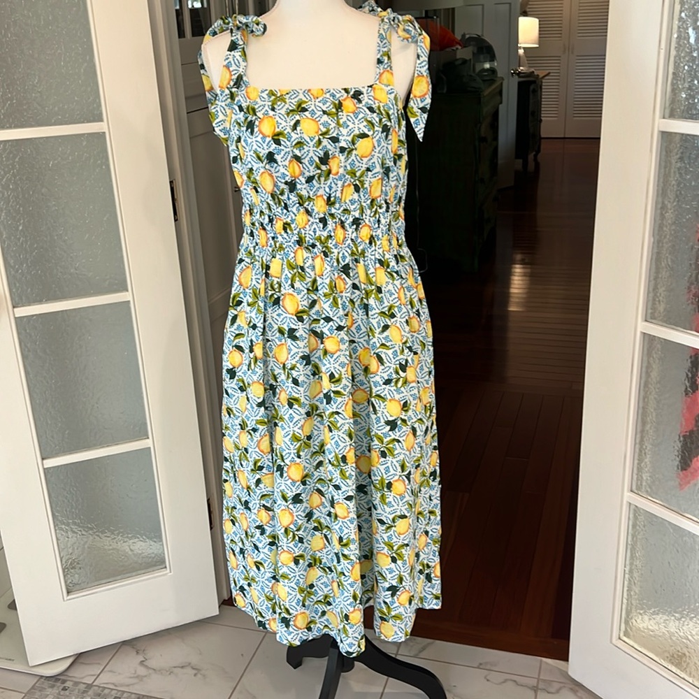 Never been worn lemon midi sun dress with tying shoulder straps